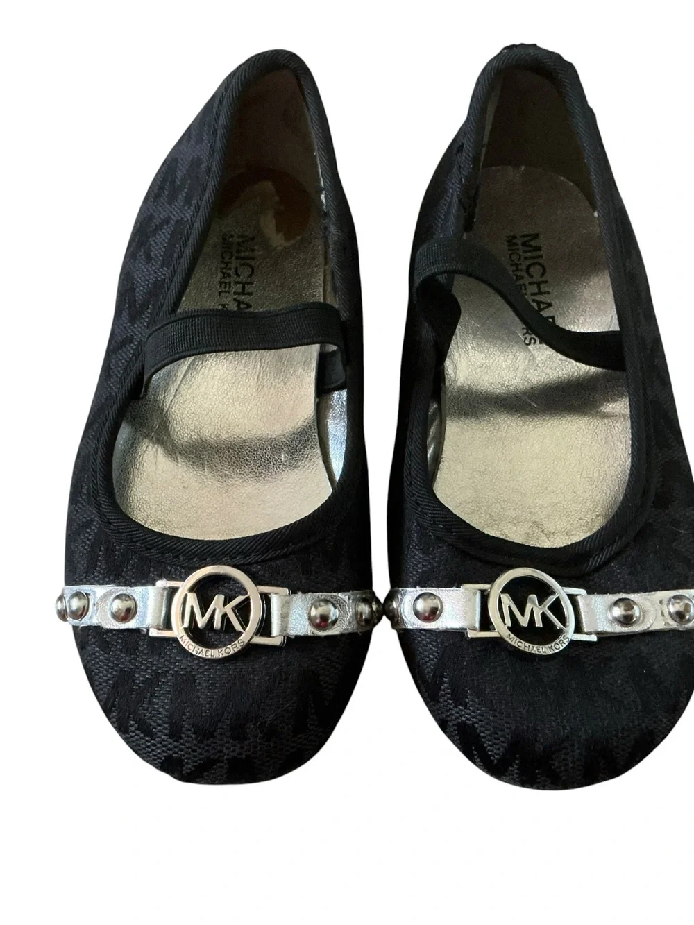 Michael Kors girls size 8 Mary Jane’s shoes black jacquard print silver metal